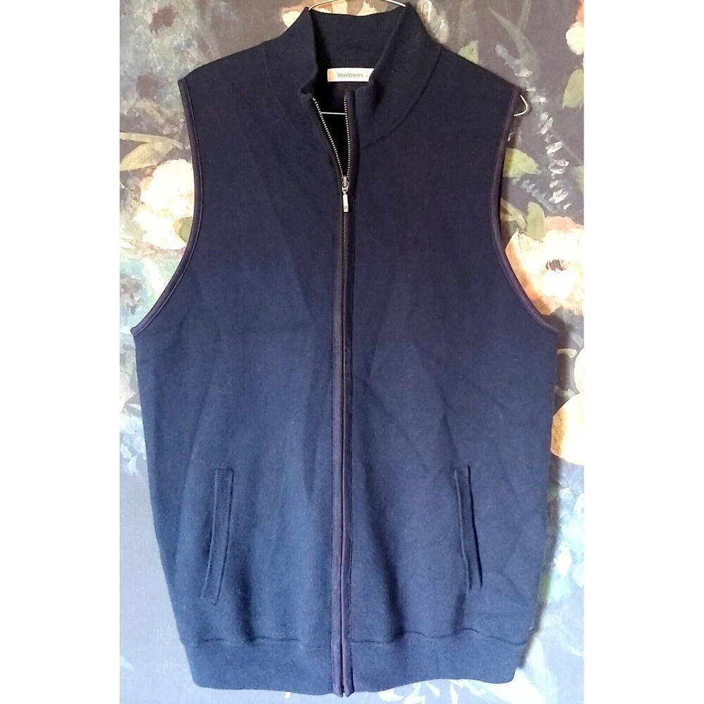 WoolOvers Mens Vest Navy Wool Organic Cotton Blend Full Zip Large Academia